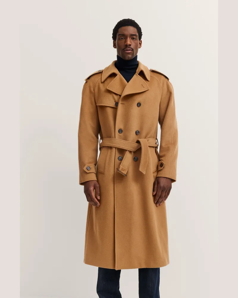 Bugatti Herren Trenchcoat zweireihig mit Gürtel, Woll-Kaschmir-Mix Braun