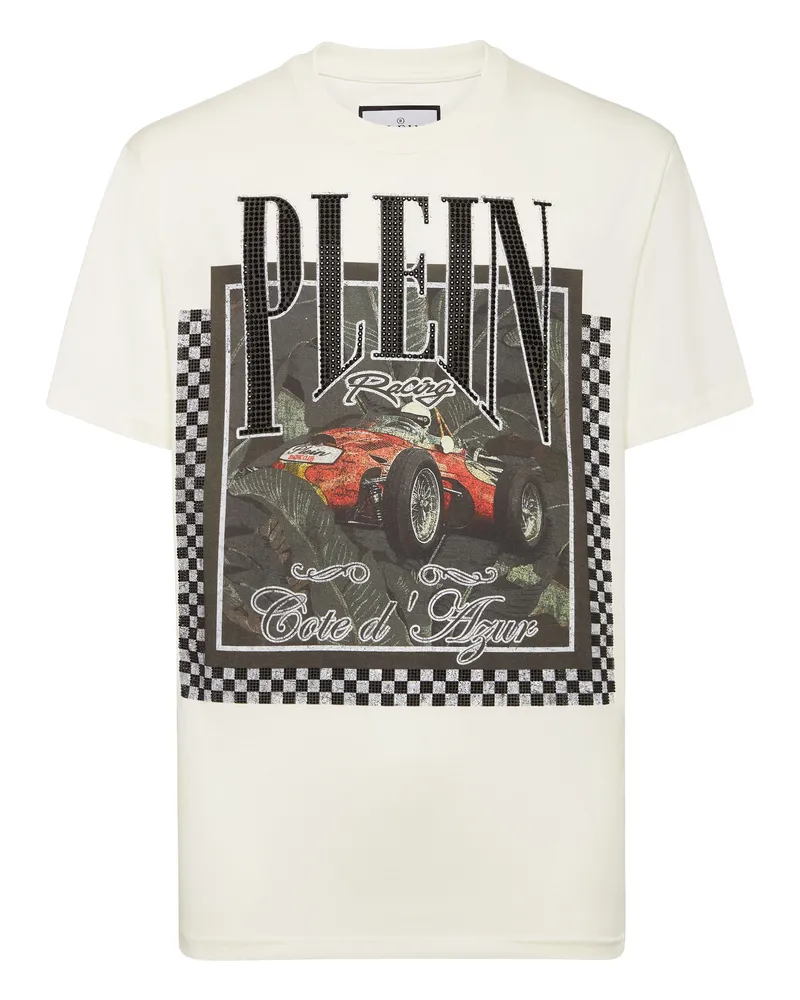 Philipp Plein Rundhalsausschnitt T-Shirt mit Racing-Print - Creme Creme
