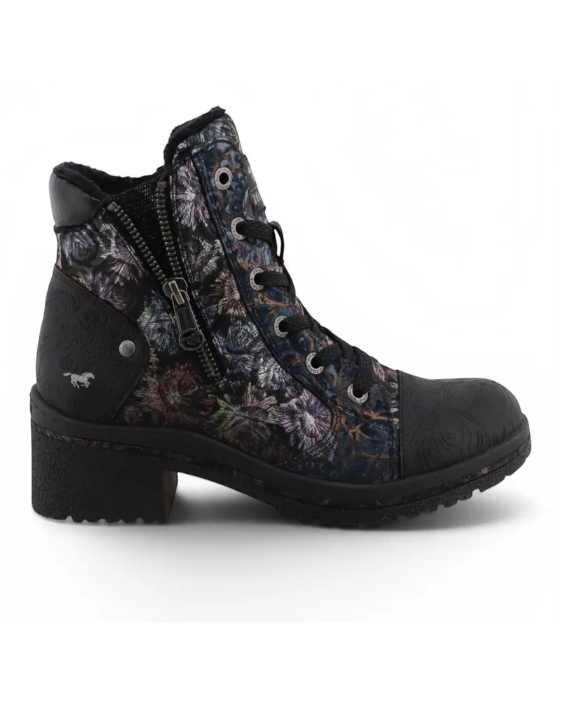 Mustang Damen-Schwarze Blumen-Schnürstiefel im Winter – M0092001 Schwarz
