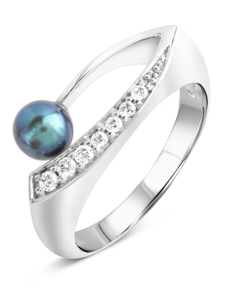 ZEEme Pearls Ring Silber 925 rhodiniert mit schwarzer Perle & Zirkonia weiß Silber