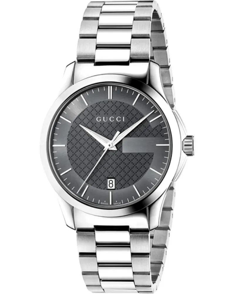 Gucci G-Timeless YA126441 Unisex-Uhr mit grauem Ziffernblatt und silbernem Armband Silber