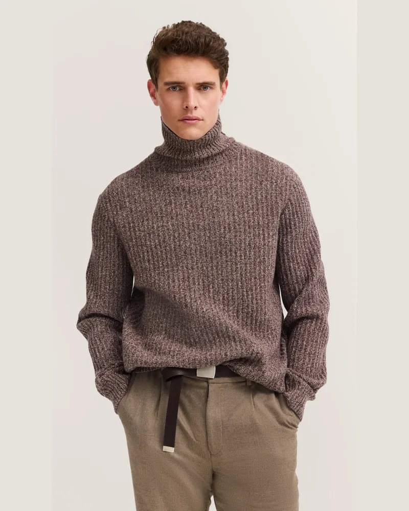Bugatti Herren-Rollkragenpullover, Grobstrick aus Wollmix - Braun Braun