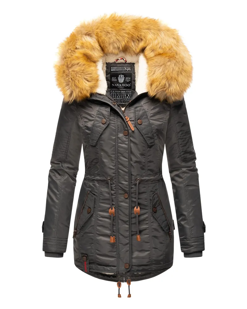 NAVAHOO Damen Winterjacke B399 – Warm, Wasserabweisend & Mit Abnehmbarem Kunstfellkragen Grau