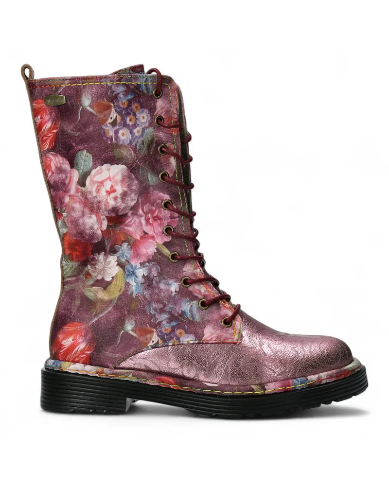 Laura Vita Incaso-18 Damenstiefel aus Leder, Gothic/Victorian mit floralem Muster - Rot Rot