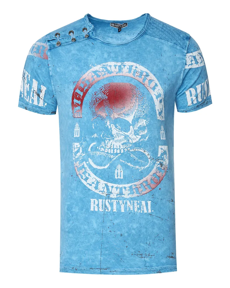 Rusty Neal Verwaschenes T-Shirt mit Seitlicher-Knopfleiste und Skull Print Blau