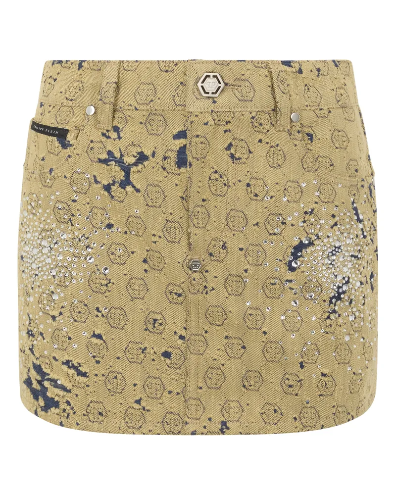 Philipp Plein Jacquard Mini Skirt Monogram Crystal Beige