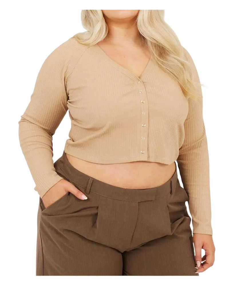 Brave Soul Kurzes Top für Damen, V-Ausschnitt, Plus, Langärmlig (Braungrau Taupe