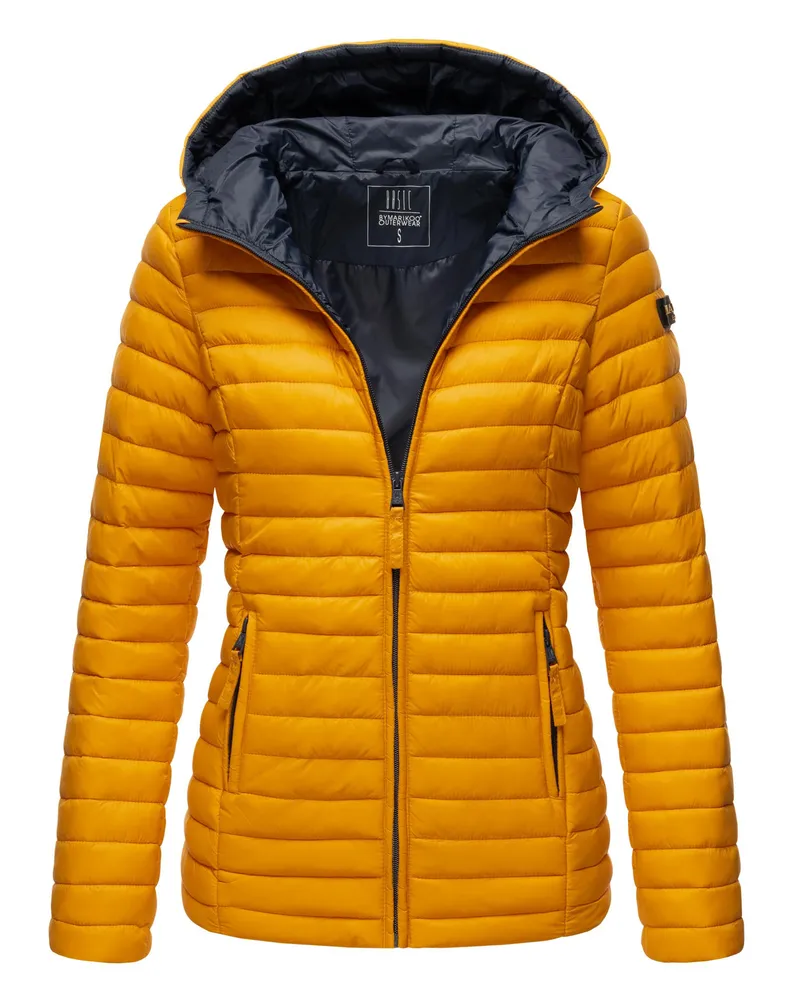 Marikoo Damen Steppjacke – Asraa, leicht mit Kapuze & Kontrastfutter Gelb