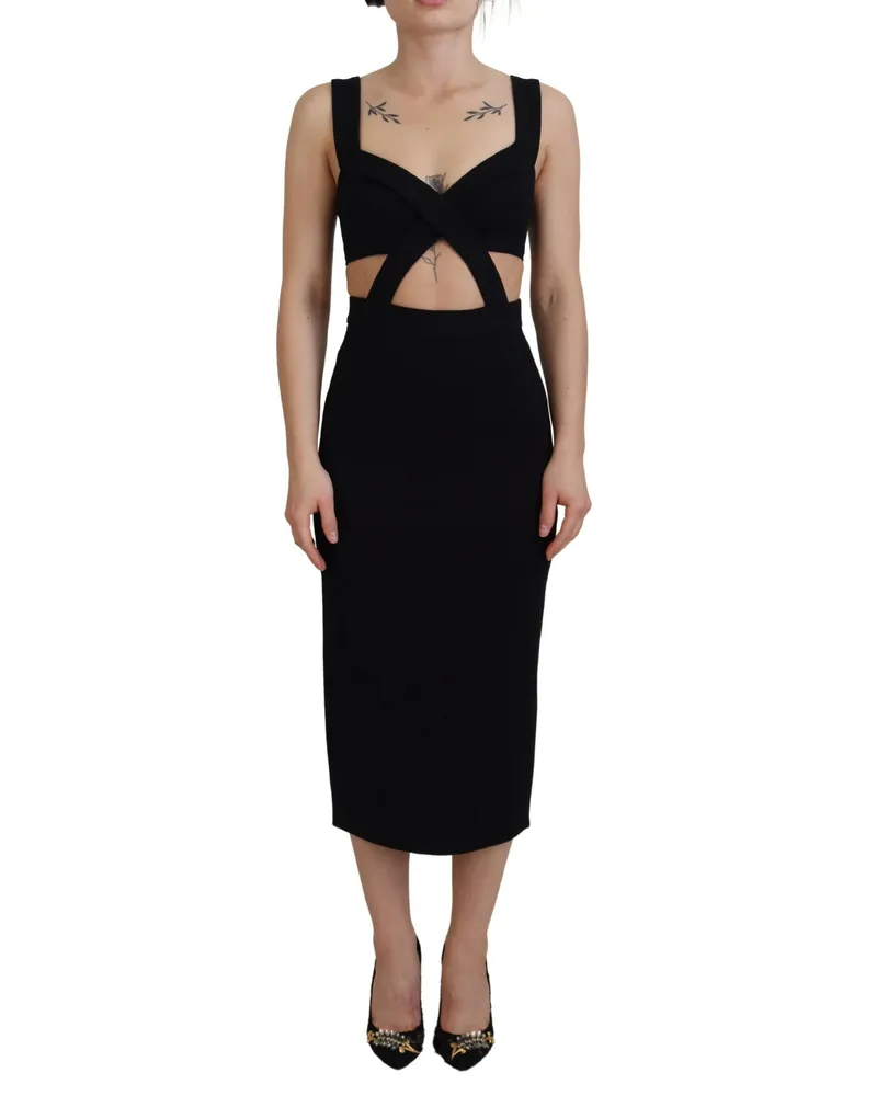 Dolce & Gabbana Ausschnitt Midi Kleid Schwarzes Ärmelloses Kleid Schwarz