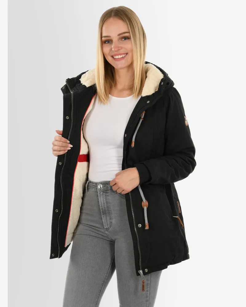 NAVAHOO Ireliaa Damen Parka – Windabweisende Winterjacke mit Teddyfell & Kapuze - Schwarz Schwarz