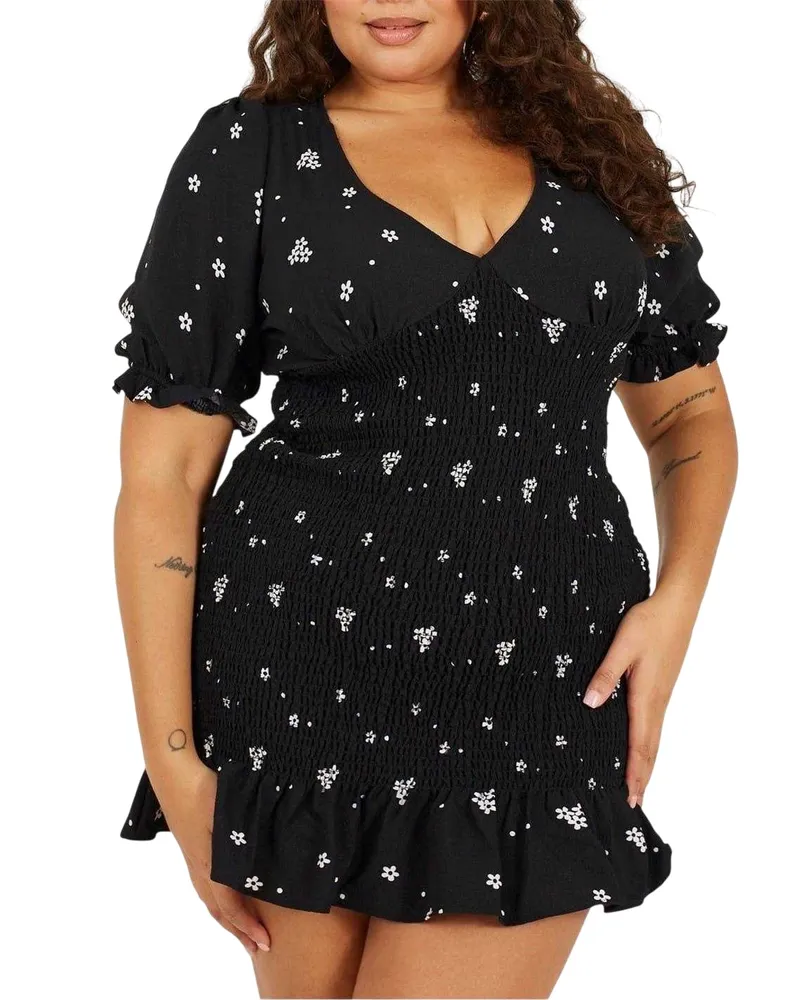 Brave Soul Minikleid für Damen, V-Ausschnitt, Plus, Puffärmel (Schwarz/Weiß Schwarz