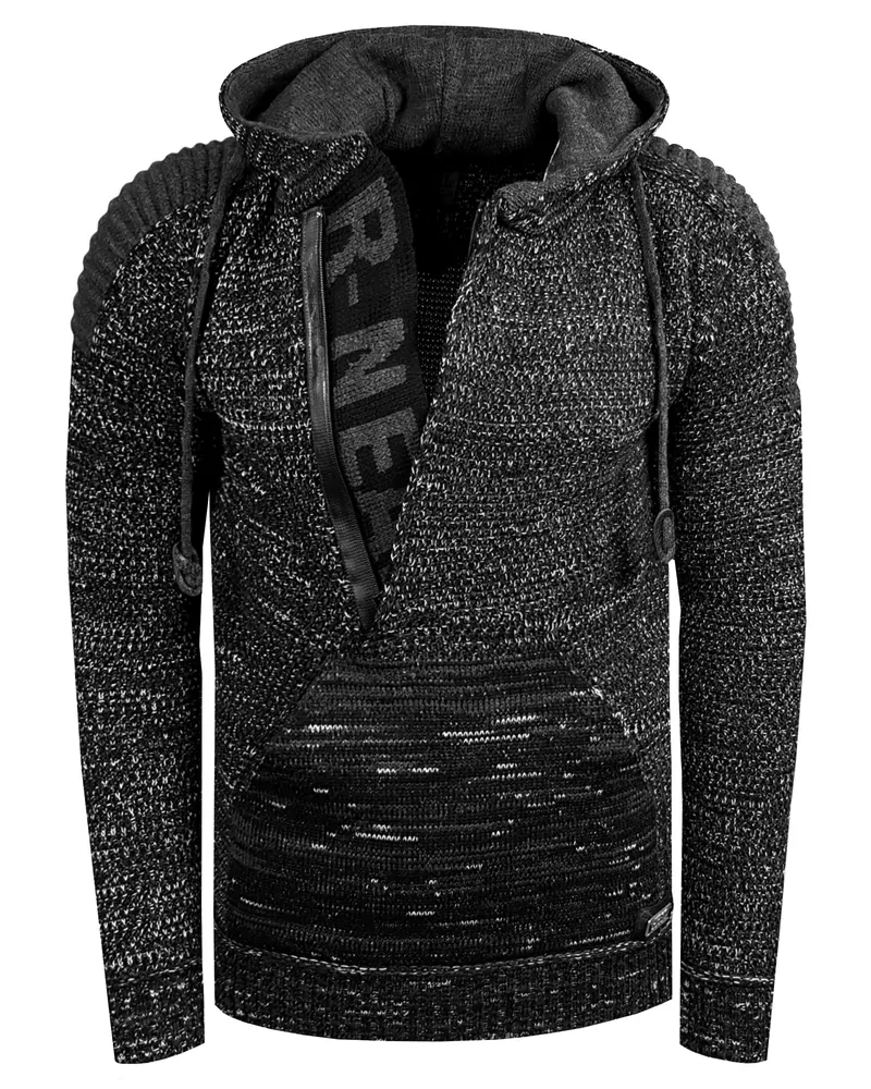 Rusty Neal 1/2 Zip Grobstrick Kontrast Kapuzen-Pullover Schwarz