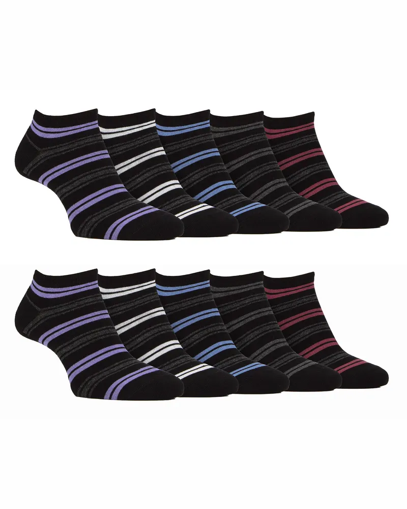 Farah 1920 10 Paar Herren Bambus-Trainersocken |  | Gestreifte gepolsterte Knöchelsocken - Schwarzer Streifen Schwarz