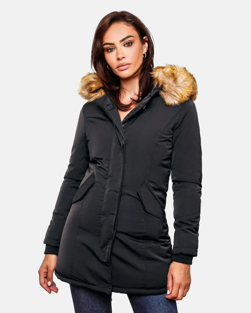 Marikoo Damen Winterparka Karmaa mit abnehmbarem Kunstfellkragen - Schwarz Schwarz