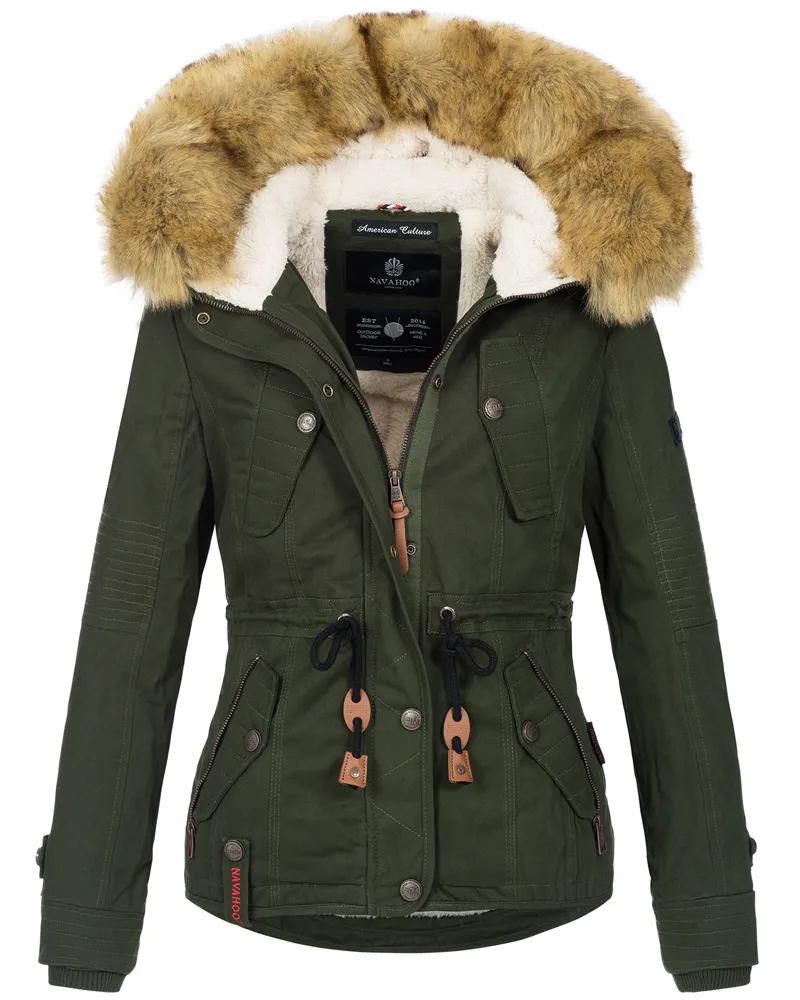 NAVAHOO Damen Winterjacke Pearl – Kurz-Parka mit Teddyfell & Abnehmbarem Kunstfellkragen Grün