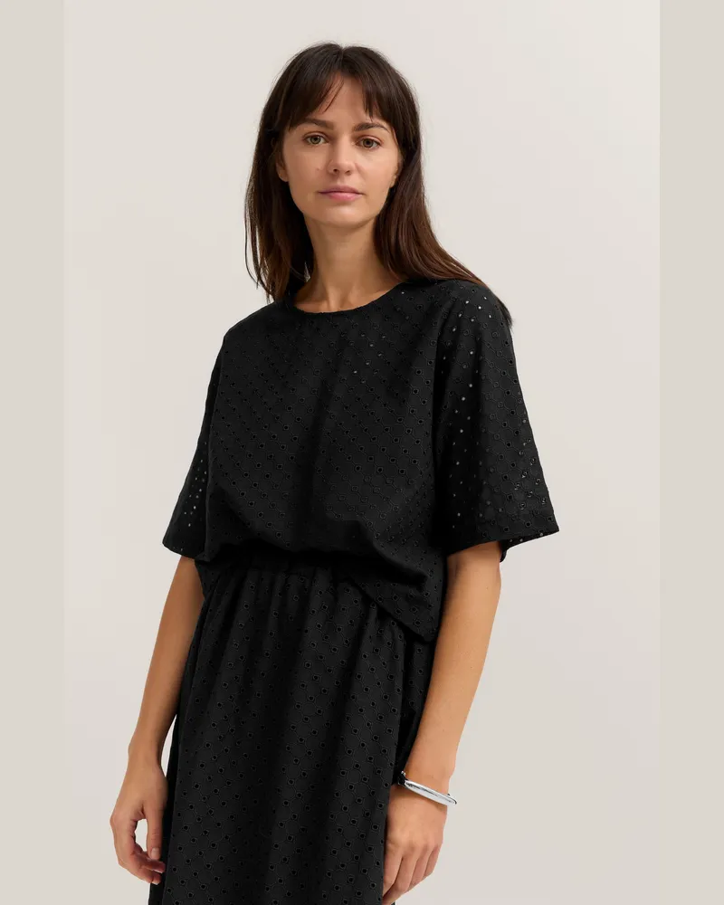 Bugatti Damen Bluse kurzarm Modern Fit mit Lochmuster Schwarz