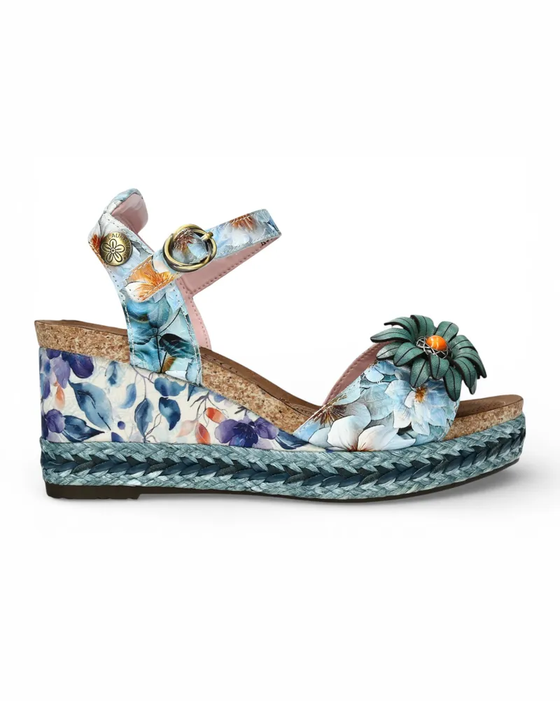Laura Vita Facyo 75 Espadrilles aus Leder mit Blumenmuster und Keilabsatz - Blau Blau