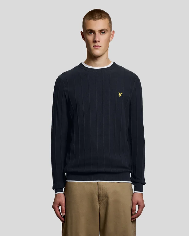 Lyle & Scott Bunter Piqué Strickpullover mit Rundhalsausschnitt Marineblau