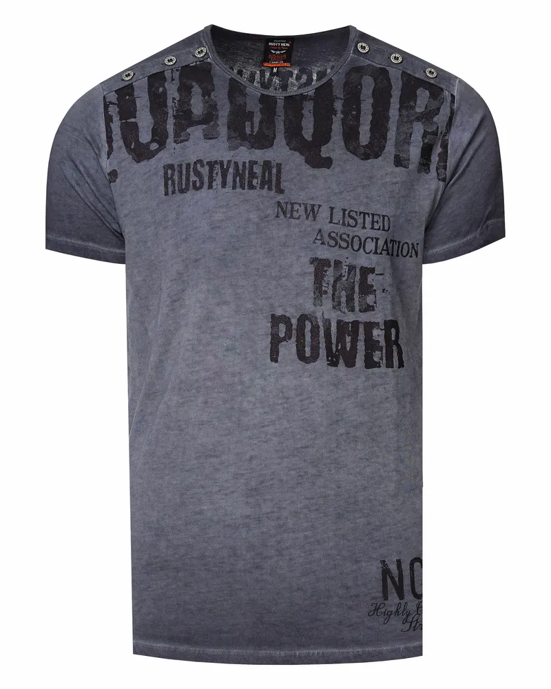 Rusty Neal Verwaschenes T-Shirt mit Doppelter Knopfleiste Dunkelgrau