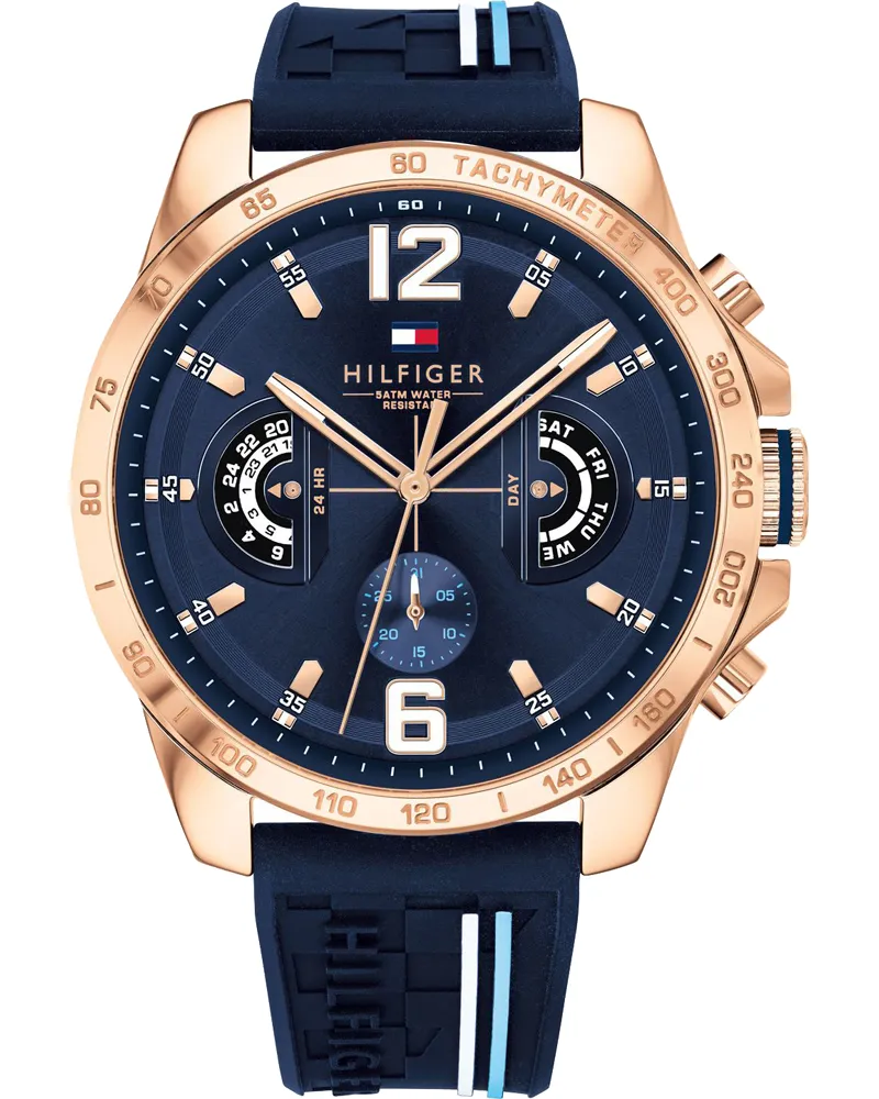 Tommy Hilfiger Stylische Herrenuhr von der Marke . Die Uhr hat ein Kautschukarmband, das auch kleiner gemacht werden kann, das Gehäuse hat einen Durchmesser von 46 mm und das Uhrwerk ist ein Quarzwerk.  Marke: Tommy HilfigerModellname: 1791474 (46mm)Kategorie: HerrenuhrMaterialien: Edelstahl, KautschukFarbe: rose gold, blau Mehrfarbig