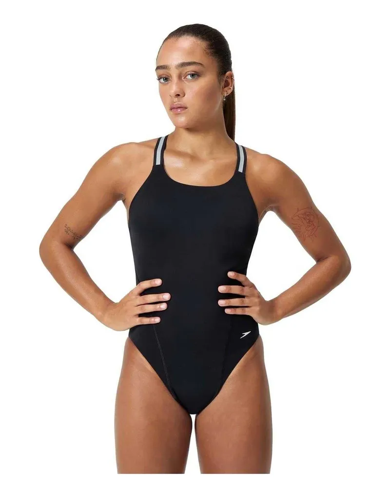 Speedo Badeanzug für Damen, Hochleistungsmaterial (Schwarz/Silber Schwarz