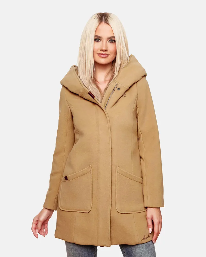 Marikoo Damen-Wintermantel mit Kapuze und tailliertem Schnitt - Beige Beige