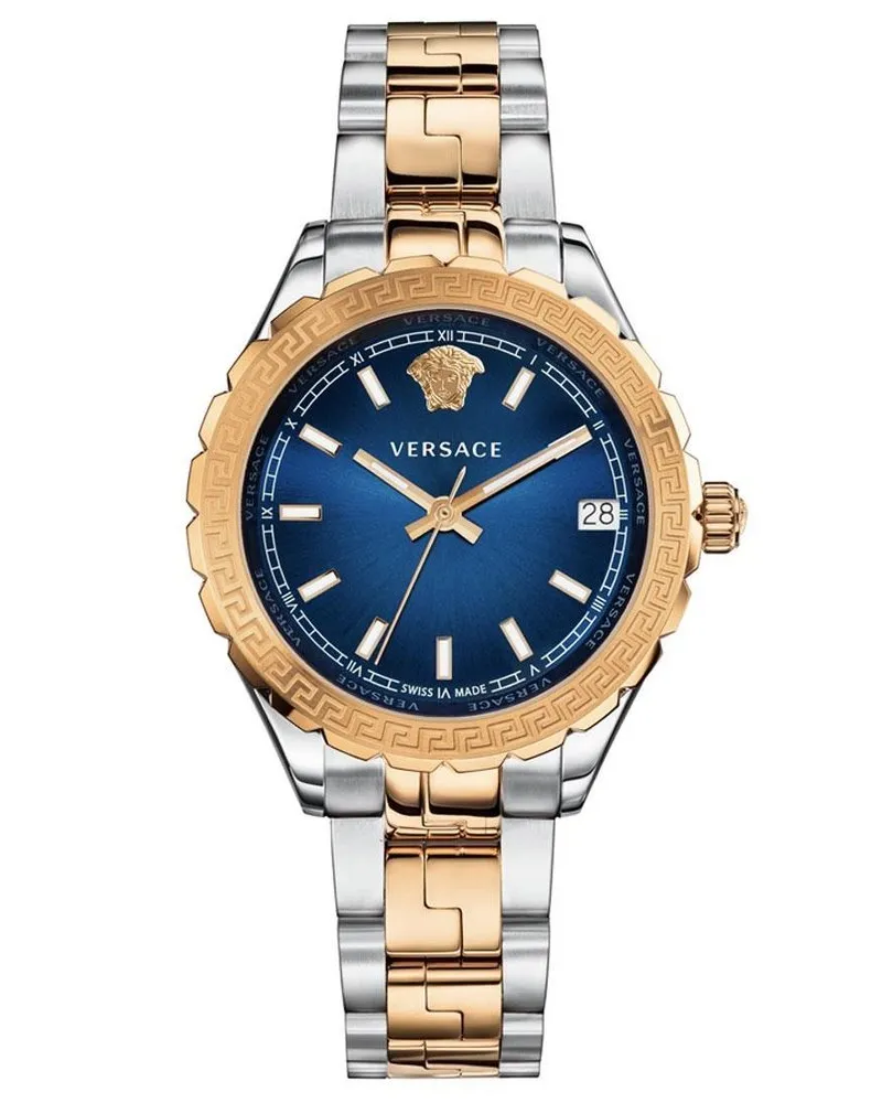 Versace V12060017 Hellenyium Quarz Damenuhr mit blauem Zifferblatt Silber