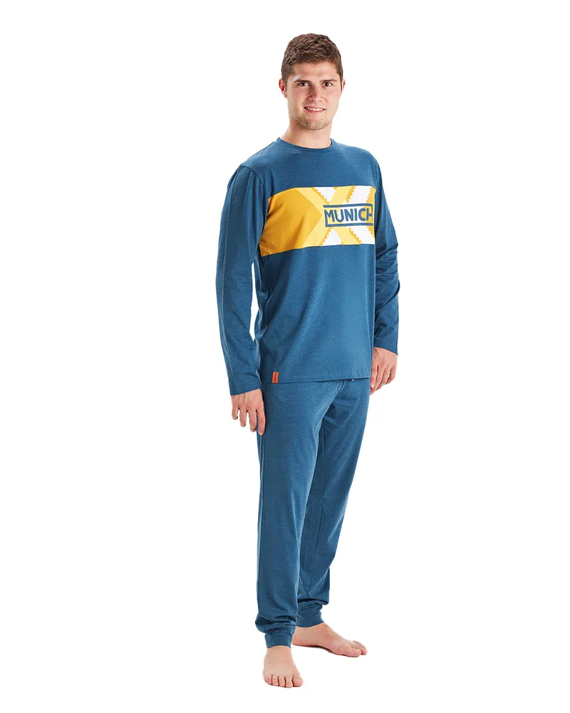 MUNICH MU1 Herren-Winterpyjama mit langen Ärmeln und Rundhalsausschnitt Blau