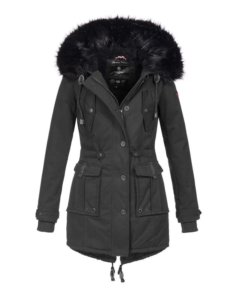 NAVAHOO Damen Winterjacke Luluna – Mit Teddyfell & Abnehmbarem Kunstfellkragen Grau