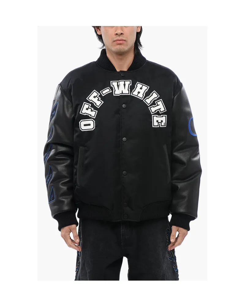 OFF-WHITE BASEBALL LEA Bomberjacke mit Lederärmeln und Logo-Patch in Schwarz Schwarz