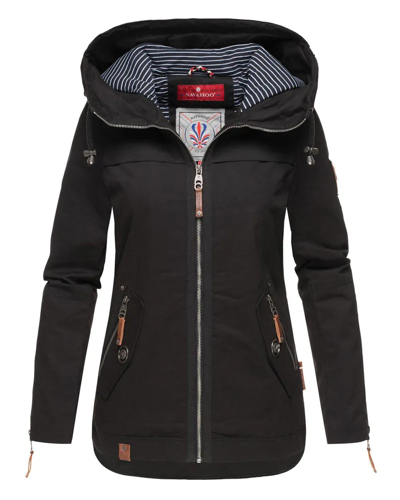NAVAHOO Damen Übergangsjacke Wekoo – Leichte Baumwolljacke mit Kapuze Schwarz