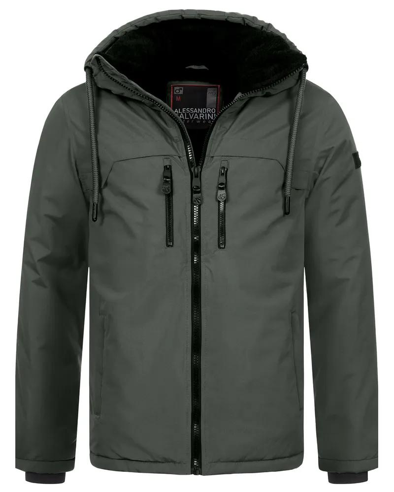 Alessandro Salvarini Herren Winterjacke AS-332 mit Teddyfell & Kapuze Schwarz