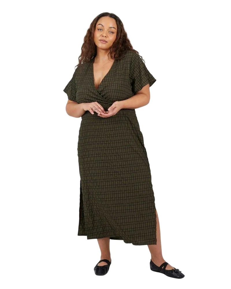 Brave Soul Wickelkleid für Damen, V-Ausschnitt (Khaki/Schwarz Khaki