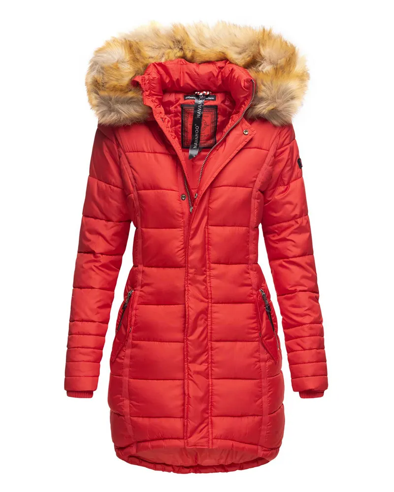 NAVAHOO Damen Winterjacke Papaya – Figurbetont, Warm & Mit Abnehmbarem Kunstfellkragen Rot