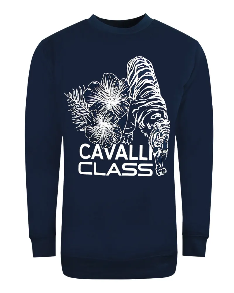 Roberto Cavalli grosses marineblaues Sweatshirt mit Blumen-Tiger-Design Marineblau