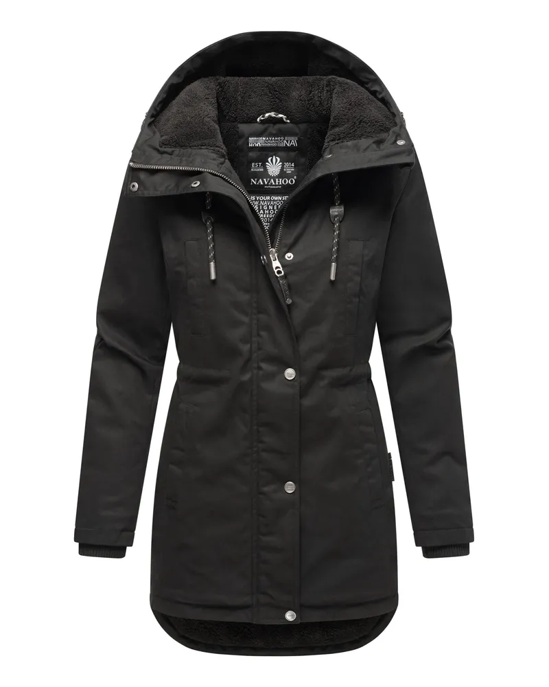 NAVAHOO Winterfunke Damen Winterjacke mit Teddyfellfutter Schwarz