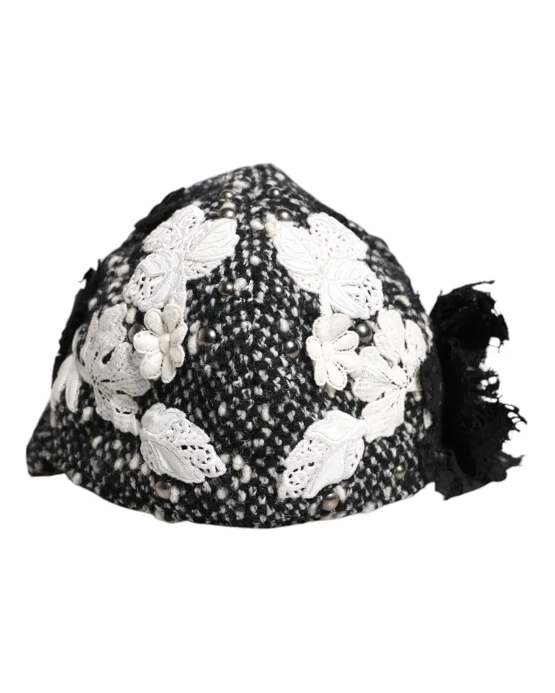 Dolce & Gabbana Schwarzer Wollhut mit weißen floralen Verzierungen Schwarz