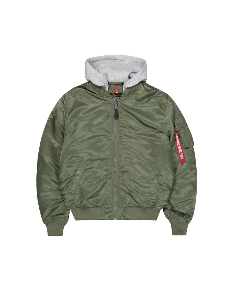 Alpha Industries MA-1 Bomberjacke mit Reißverschluss, Kapuze und Rückenstickerei - Grün Grün