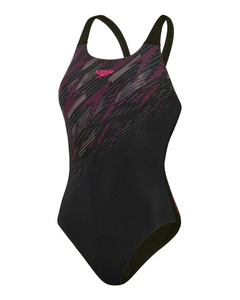 Speedo Hyperboom Placement" Badeanzug für Damen, Halboffener Rücken (Schwarz/Pink/Holzkohle Schwarz