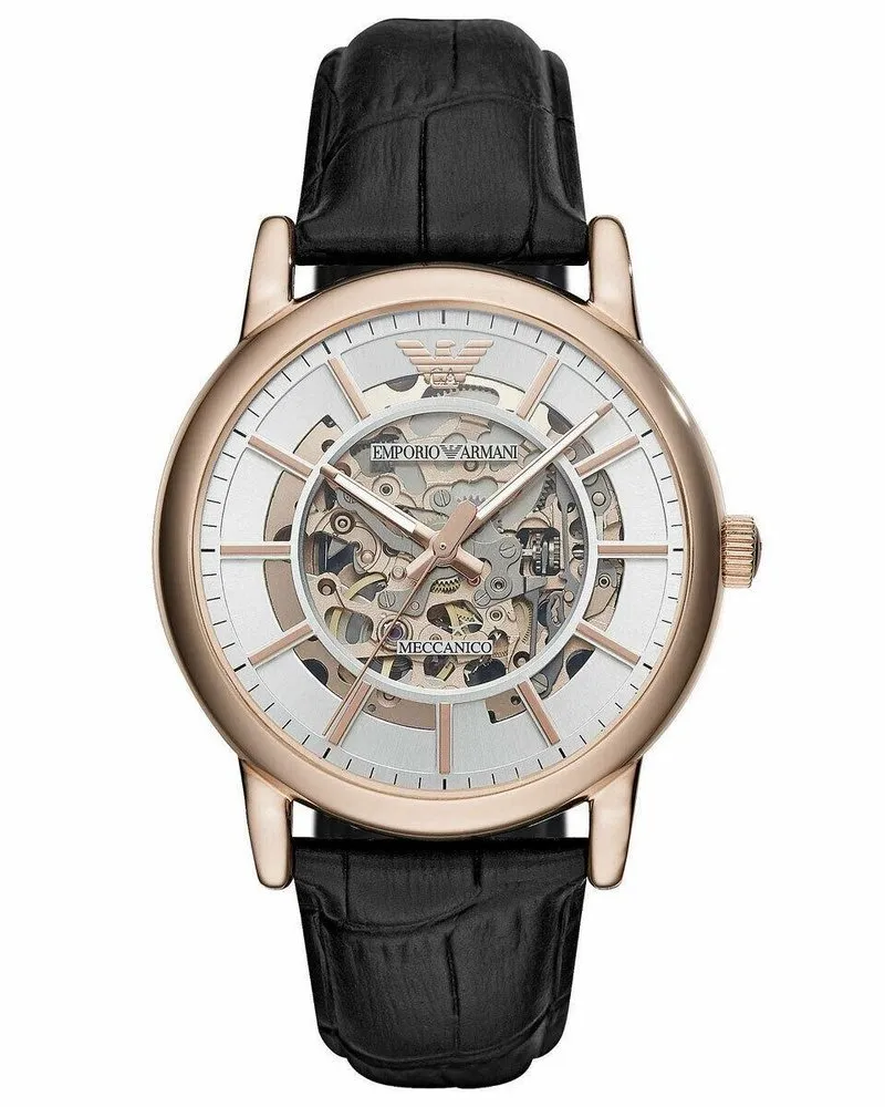 Emporio Armani AR60007 Automatische Herrenuhr aus schwarzem Leder Schwarz