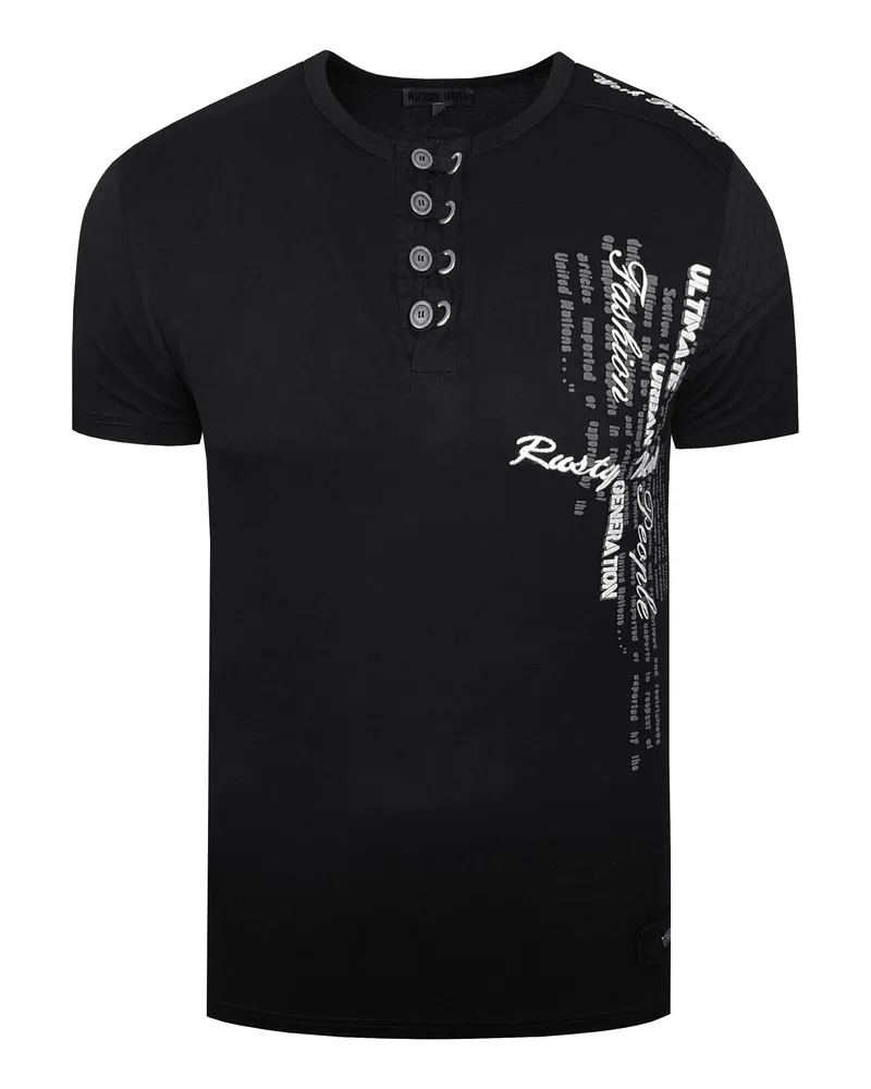 Rusty Neal Oil-Washed T-Shirt mit Knopfleiste Schwarz