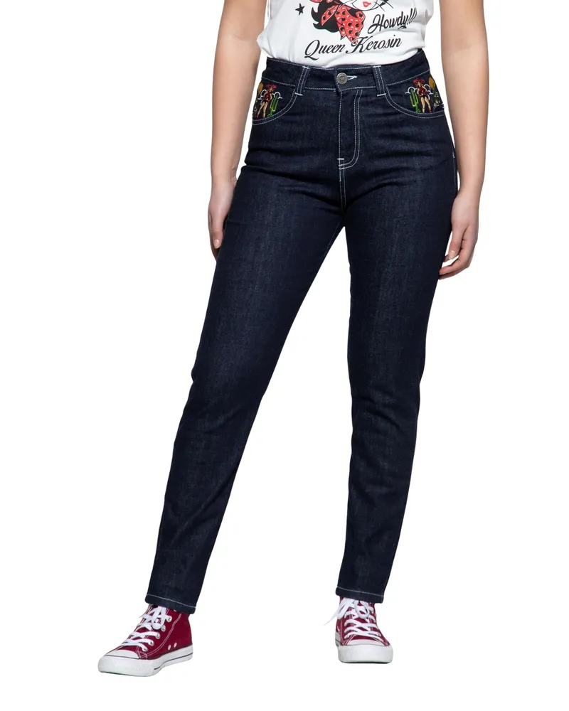 Queen Kerosin Damen High‑Waist Jeanshose - Blau Blau