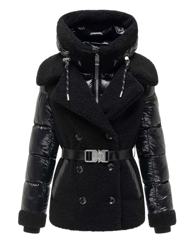NAVAHOO Damen Teddy-Steppjacke Kuschelhäschen – mit abnehmbarer Kapuze & Gürtel Schwarz