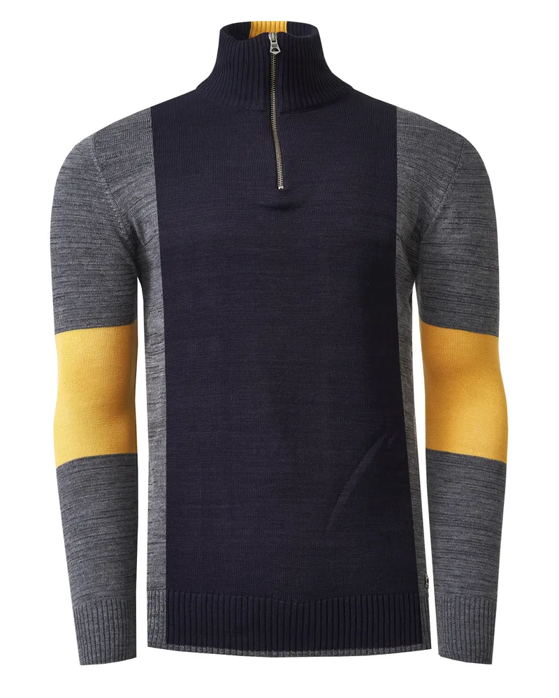 Rusty Neal Feinstrick-Pullover im Colorblock-Stil mit Stehkragen Marineblau