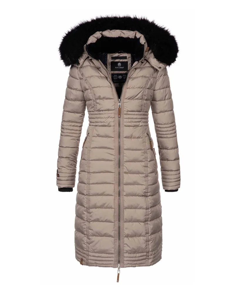 NAVAHOO Damen Winterjacke Umay – Lange Steppjacke mit Abnehmbarer Kapuze & Kunstfell Grau