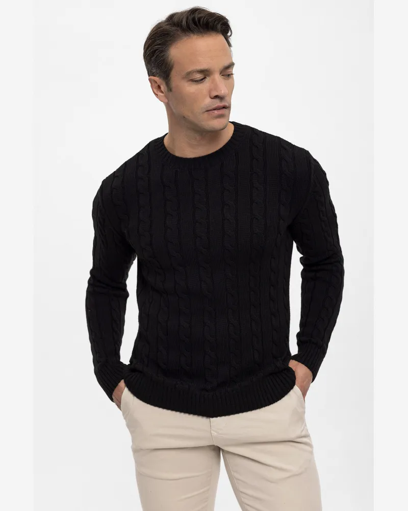 Felix Hardy Rundhals-Pullover aus Zopfmusterstrick - Schwarz Schwarz