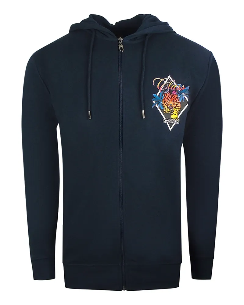 Roberto Cavalli Diamond Logo Marineblauer Kapuzenpullover mit Rei�verschluss Blau