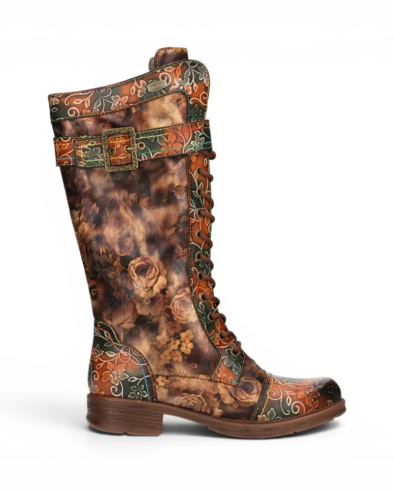 Laura Vita Damenbeige Floral-viktorianische Lederstiefel mit hohen Kampfstiefeln – Anitao-21 Camel
