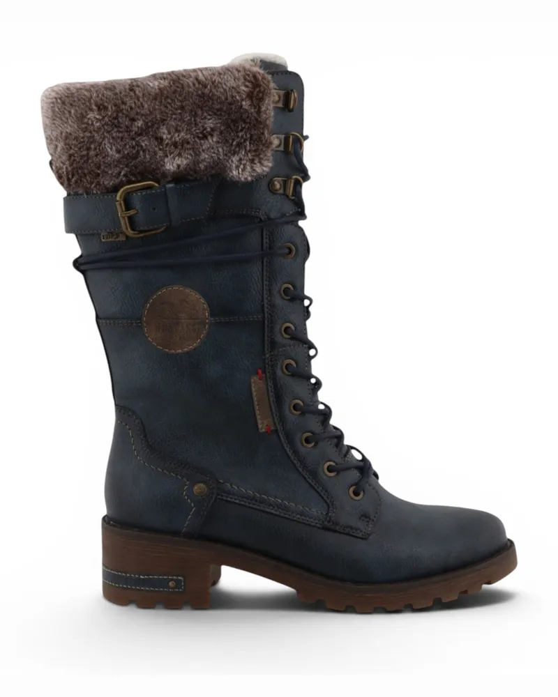 Mustang Navy Marine-Kampfstiefel mit Faux-Pelz in der Mitte der Waden – M0082003 Marineblau