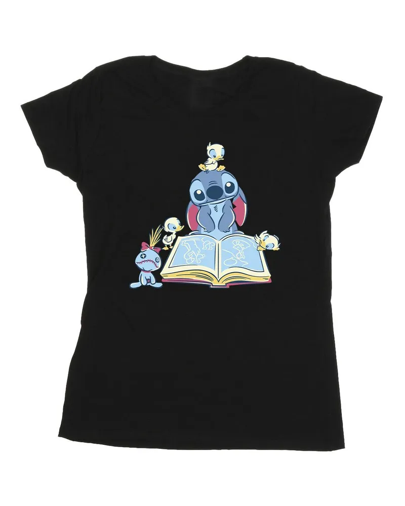 Disney Lilo & Stitch Reading A Book" T-Shirt für Damen (Schwarz Schwarz